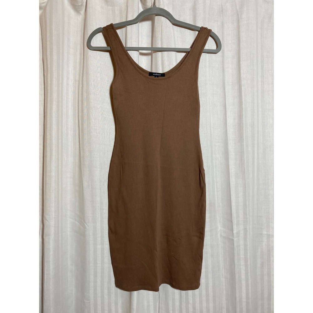 Minimalist Earthcore Brown Ribbed Knit Bodycon Tank Mini Dress Size L Ambiance‎